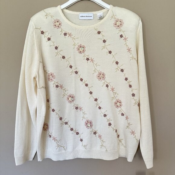 Alfred Dunner Sweaters - NWT Floral Embroidered Beaded Sweater Women XL Cottagecore Alfred Dunner Ivory